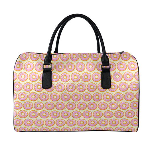 Pink Glazed Donut Pattern Print Leather Duffle Bag