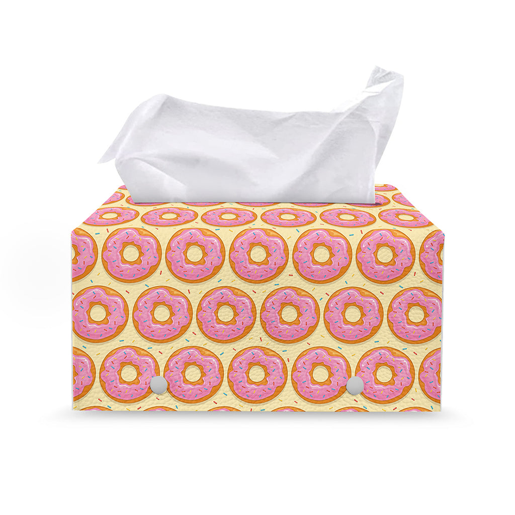 Pink Glazed Donut Pattern Print Leather Tissue Box Cover