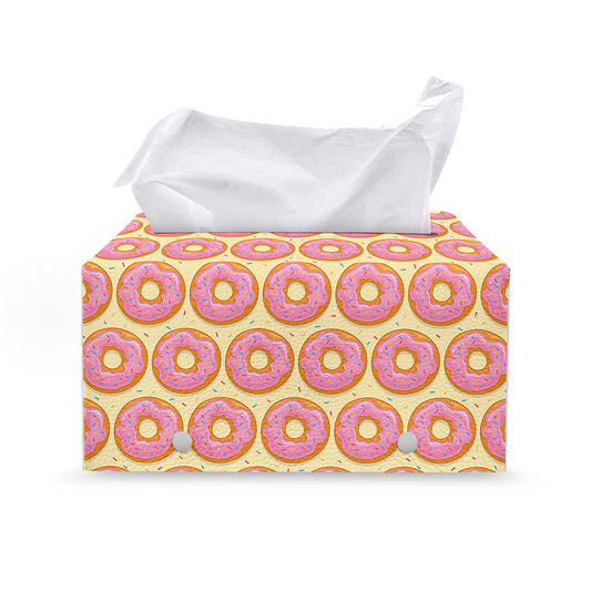 Pink Glazed Donut Pattern Print Leather Tissue Box Cover