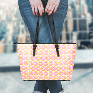 Pink Glazed Donut Pattern Print Leather Tote Bag