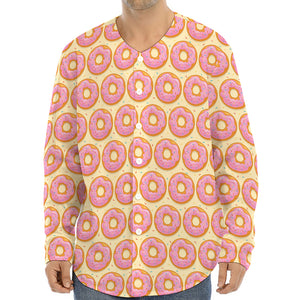 Pink Glazed Donut Pattern Print Long Sleeve Baseball Jersey