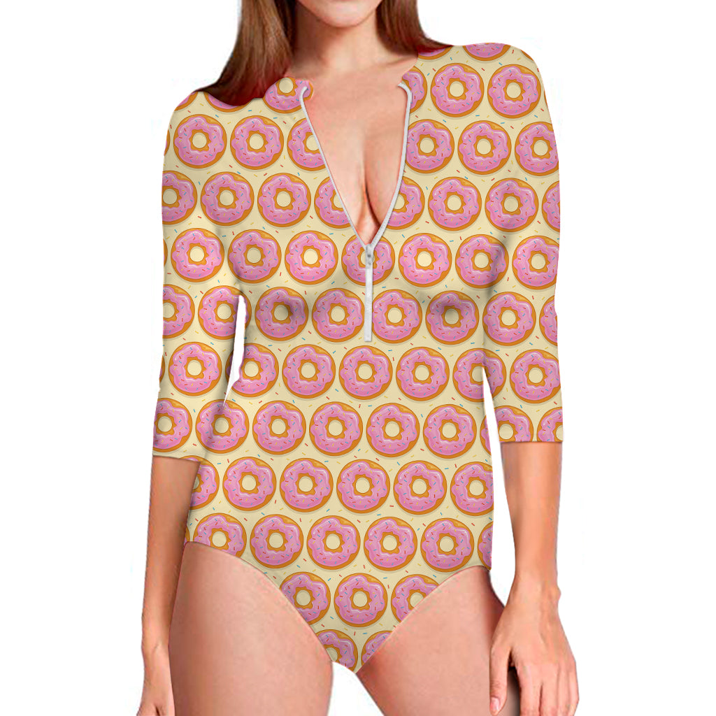 Pink Glazed Donut Pattern Print Long Sleeve Swimsuit