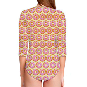 Pink Glazed Donut Pattern Print Long Sleeve Swimsuit