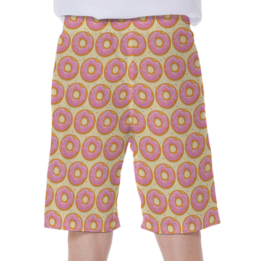 Pink Glazed Donut Pattern Print Men's Beach Shorts