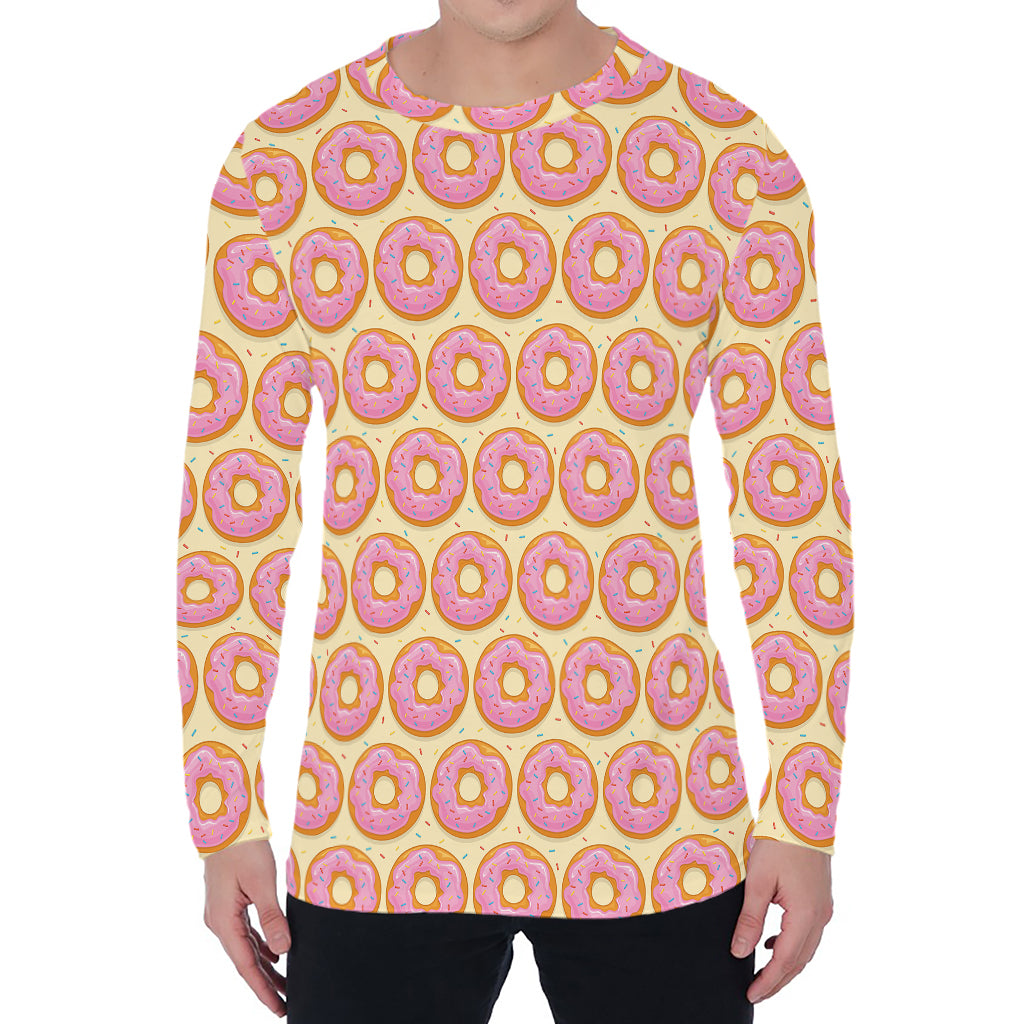 Pink Glazed Donut Pattern Print Men's Long Sleeve T-Shirt