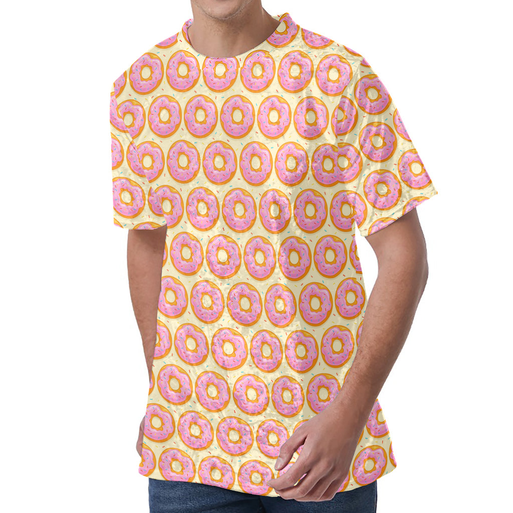 Pink Glazed Donut Pattern Print Men's Velvet T-Shirt