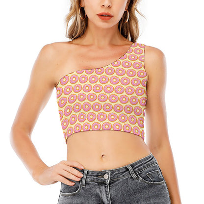 Pink Glazed Donut Pattern Print One Shoulder Crop Top