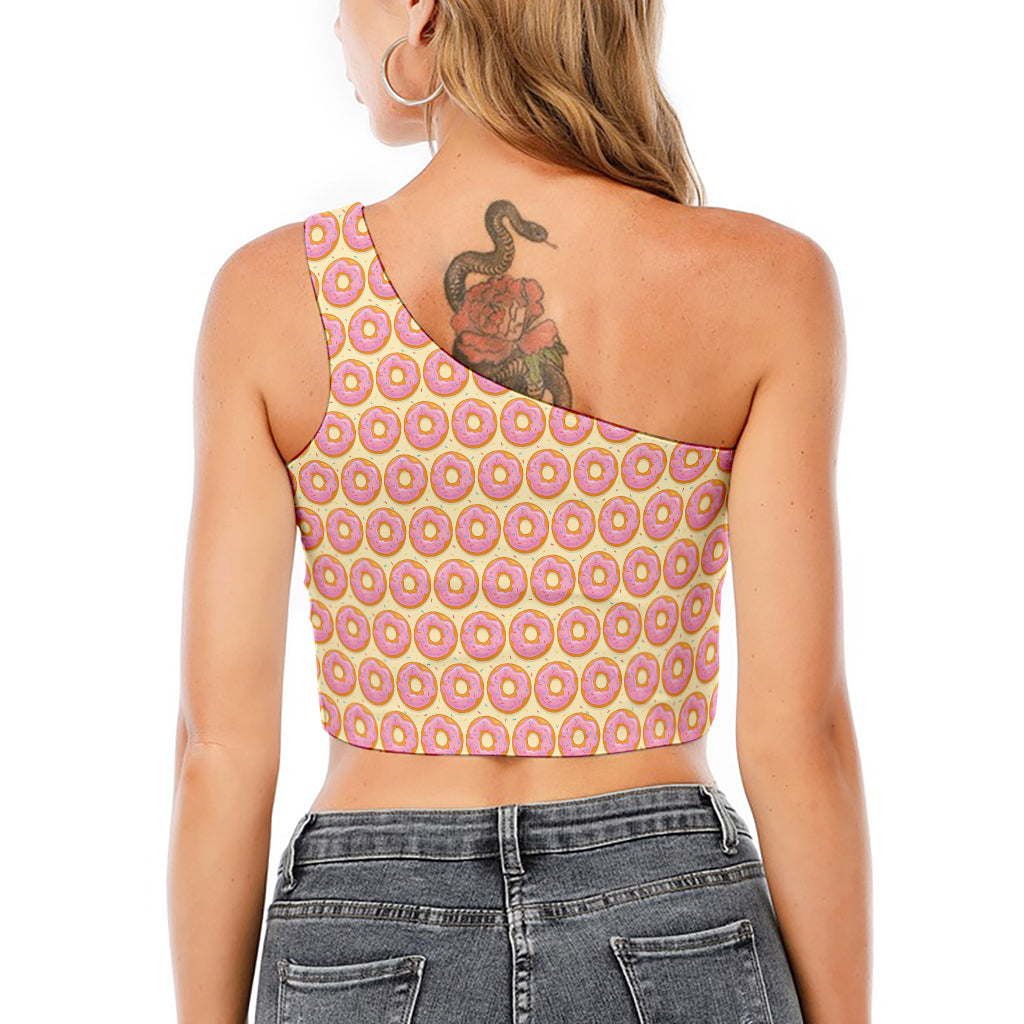 Pink Glazed Donut Pattern Print One Shoulder Crop Top