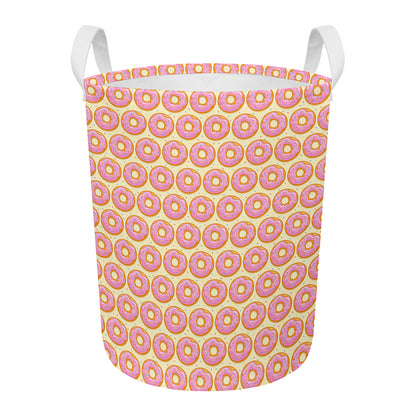 Pink Glazed Donut Pattern Print Round Laundry Basket