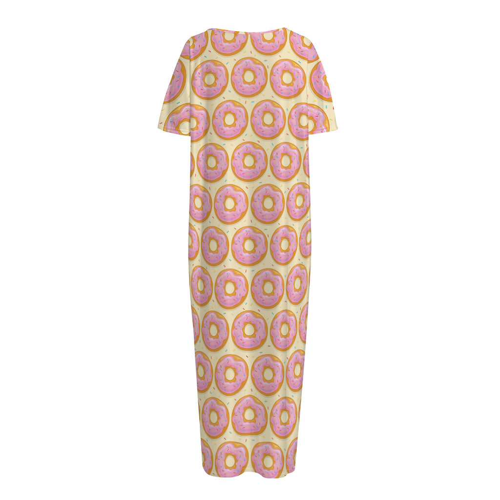 Pink Glazed Donut Pattern Print Short Sleeve Long Nightdress