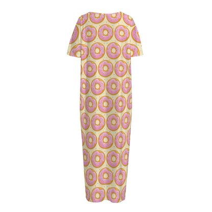 Pink Glazed Donut Pattern Print Short Sleeve Long Nightdress