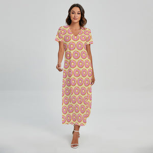 Pink Glazed Donut Pattern Print Short Sleeve Maxi Dress