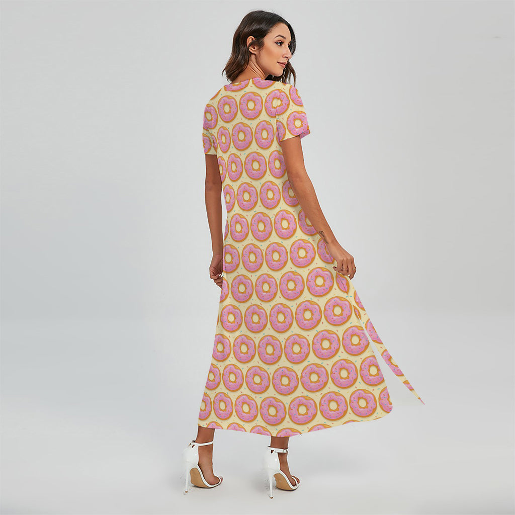 Pink Glazed Donut Pattern Print Short Sleeve Maxi Dress