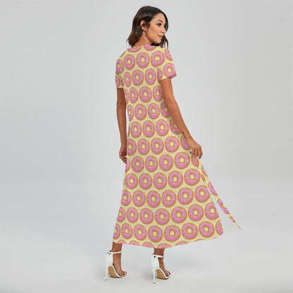 Pink Glazed Donut Pattern Print Short Sleeve Maxi Dress