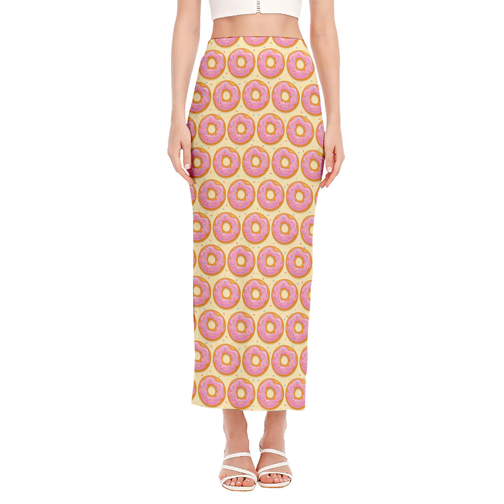 Pink Glazed Donut Pattern Print Side Slit Maxi Skirt