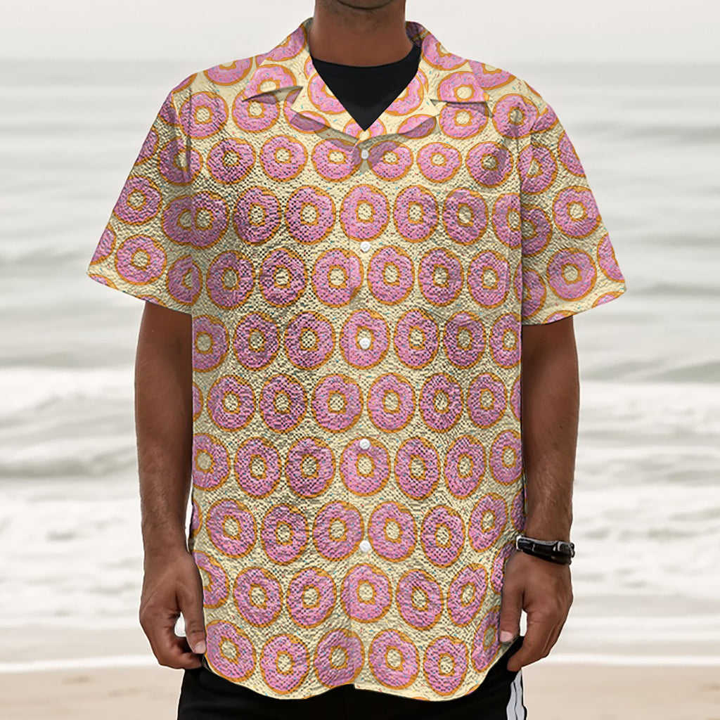 Pink Glazed Donut Pattern Print Textured Short Sleeve Shirt