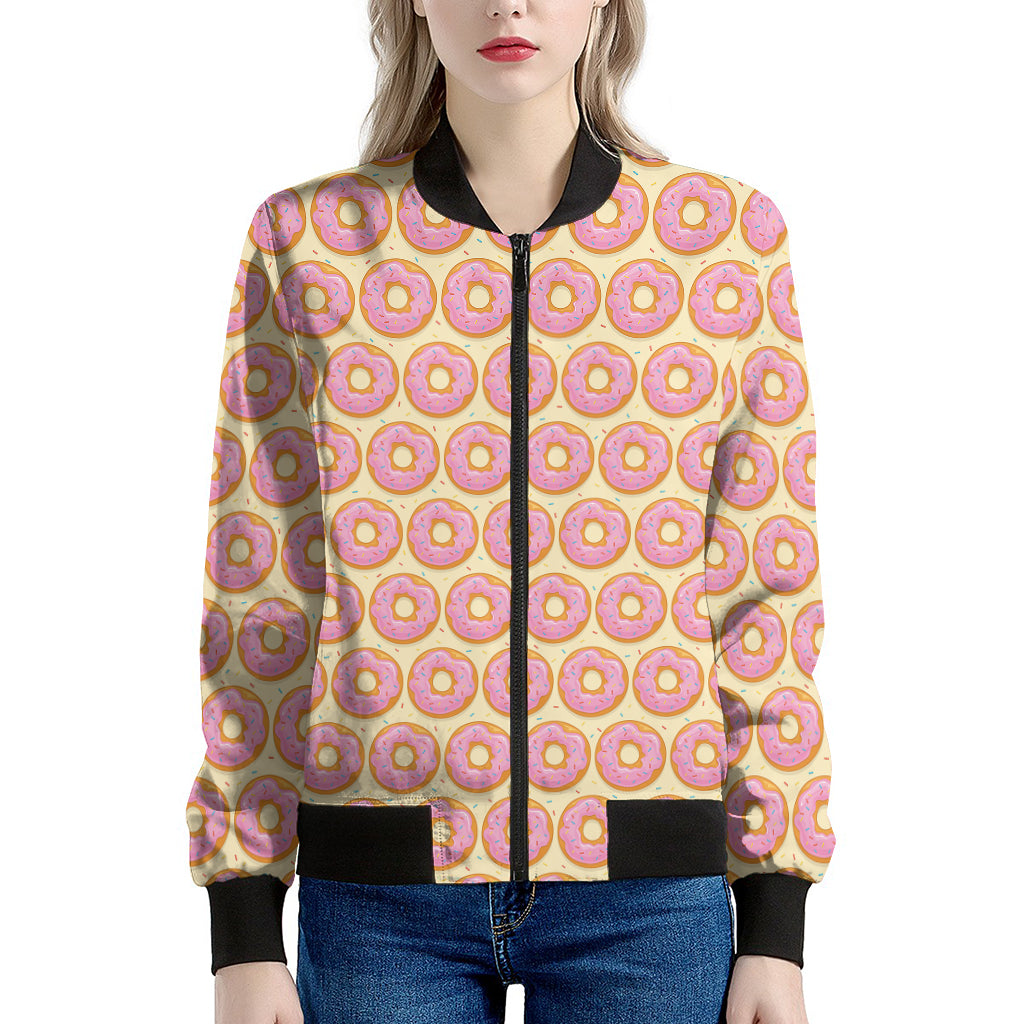 Pink Glazed Donut Pattern Print Women's Bomber Jacket