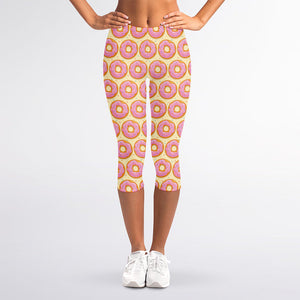 Pink Glazed Donut Pattern Print Women's Capri Leggings