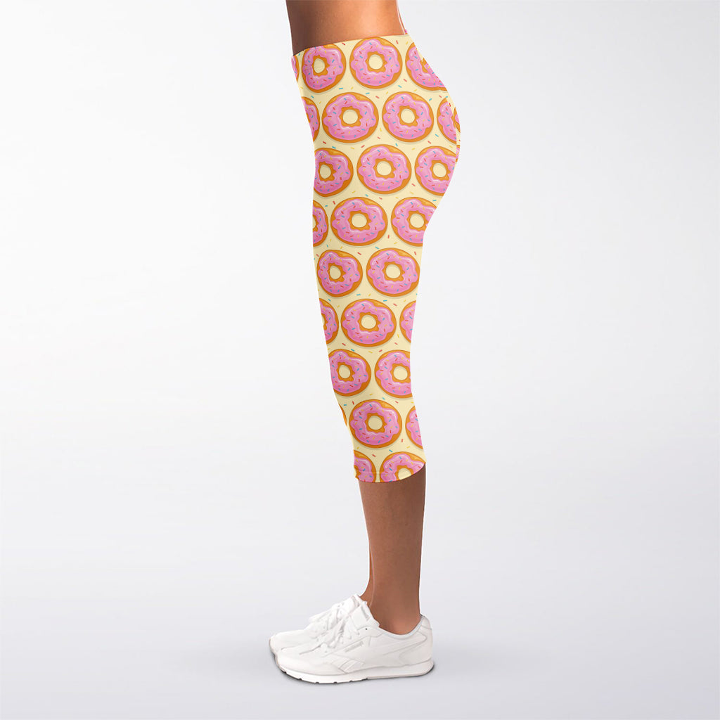 Pink Glazed Donut Pattern Print Women's Capri Leggings