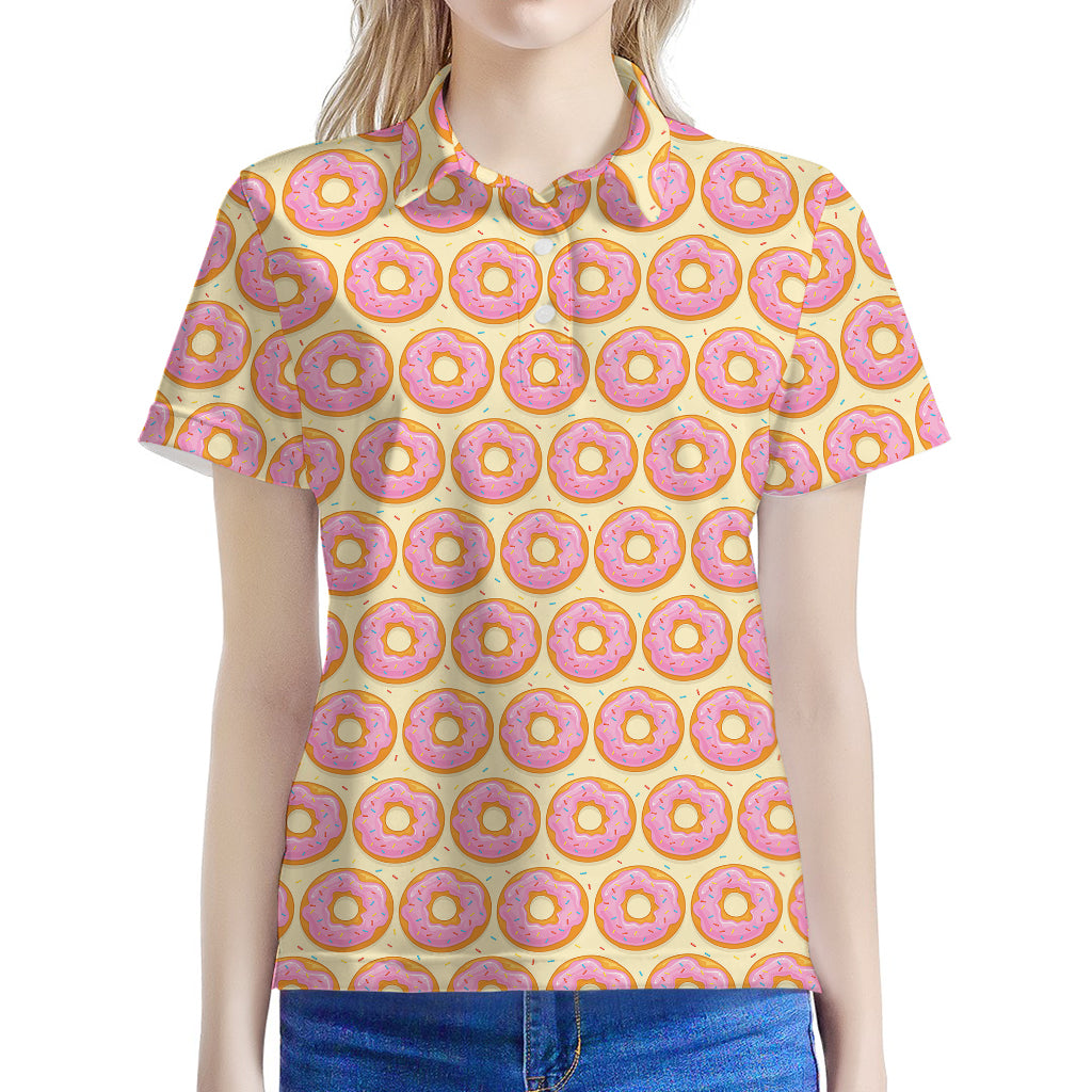 Pink Glazed Donut Pattern Print Women's Polo Shirt