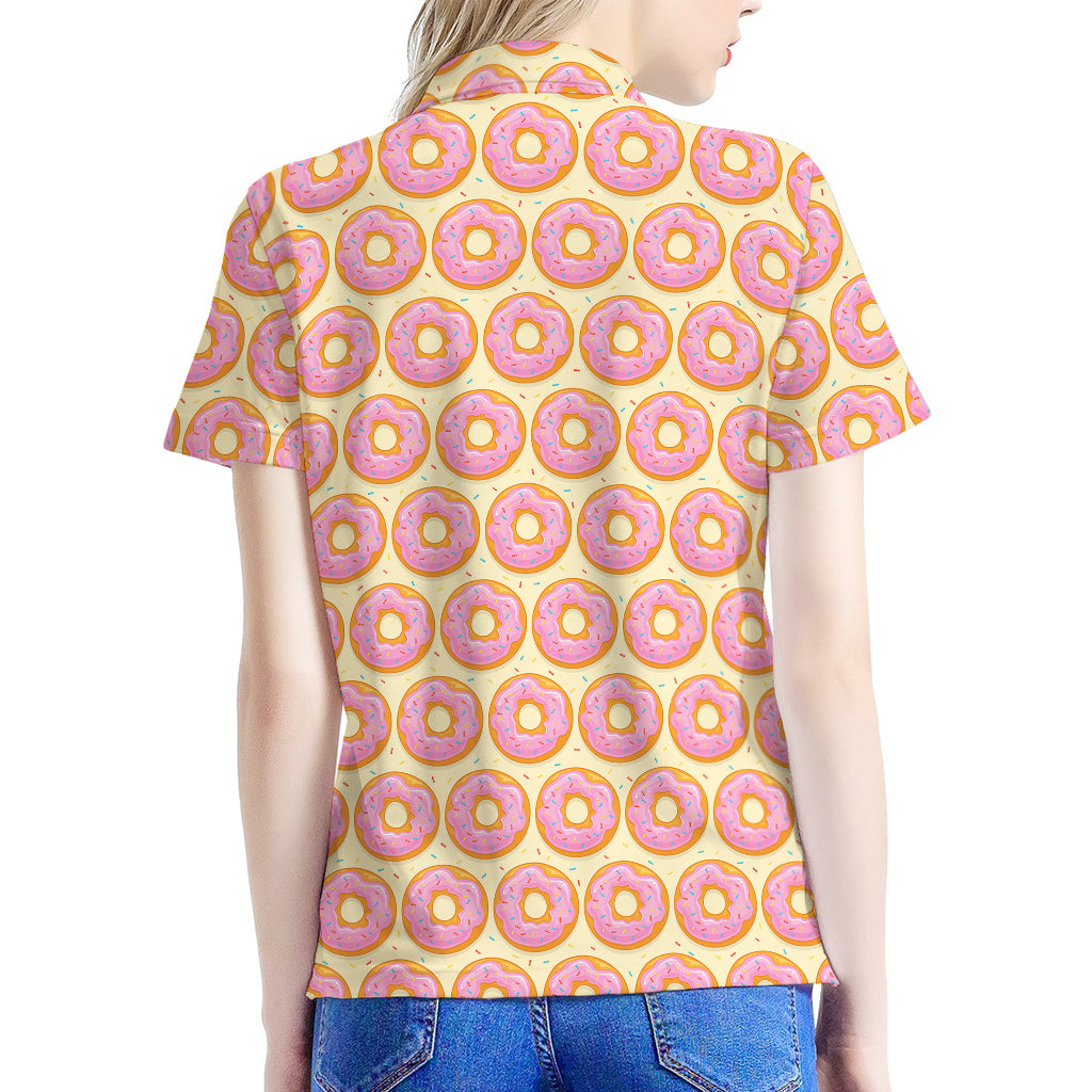 Pink Glazed Donut Pattern Print Women's Polo Shirt