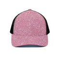 Pink (NOT Real) Glitter Print Black Mesh Trucker Hat