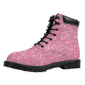 Pink (NOT Real) Glitter Print Padded Collar Lace Up Boots
