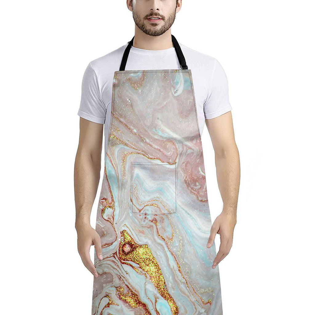 Pink Gold Liquid Marble Print Bib Apron With Pocket