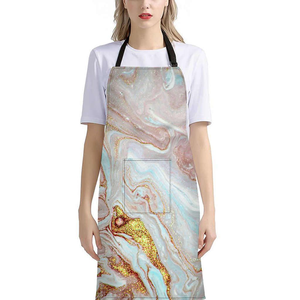 Pink Gold Liquid Marble Print Bib Apron With Pocket