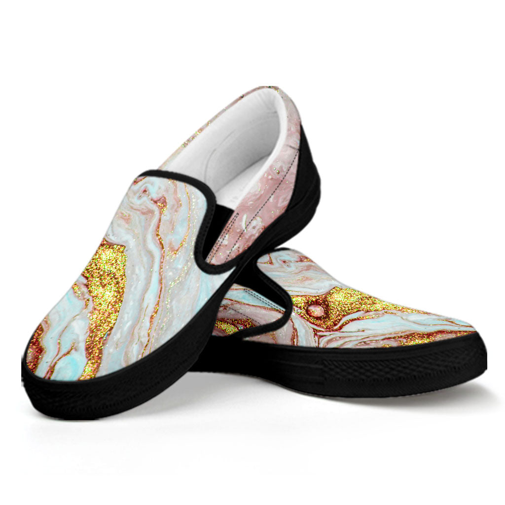 Pink Gold Liquid Marble Print Black Slip On Sneakers