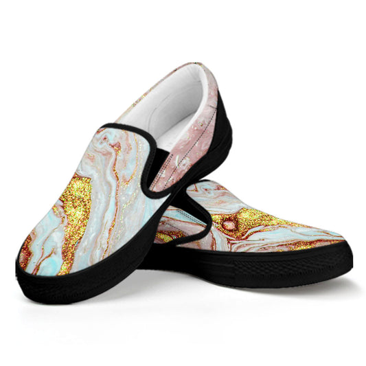 Pink Gold Liquid Marble Print Black Slip On Sneakers
