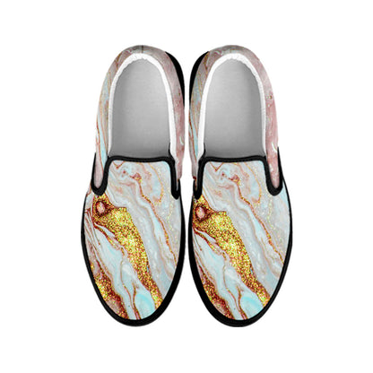 Pink Gold Liquid Marble Print Black Slip On Sneakers