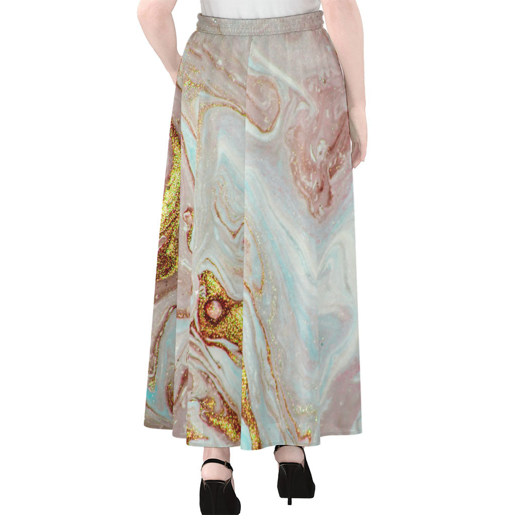 Pink Gold Liquid Marble Print Chiffon Maxi Skirt
