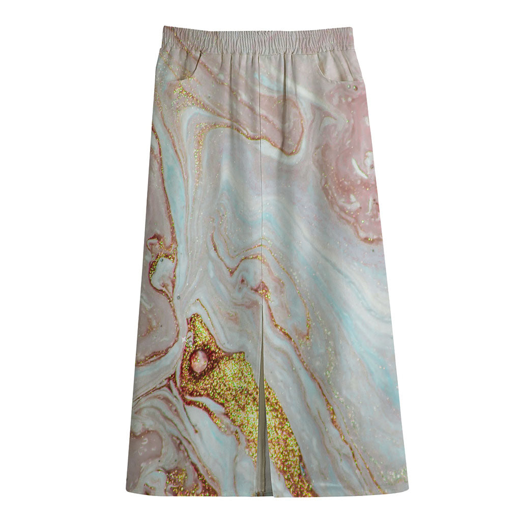 Pink Gold Liquid Marble Print Cotton Front Slit Maxi Skirt