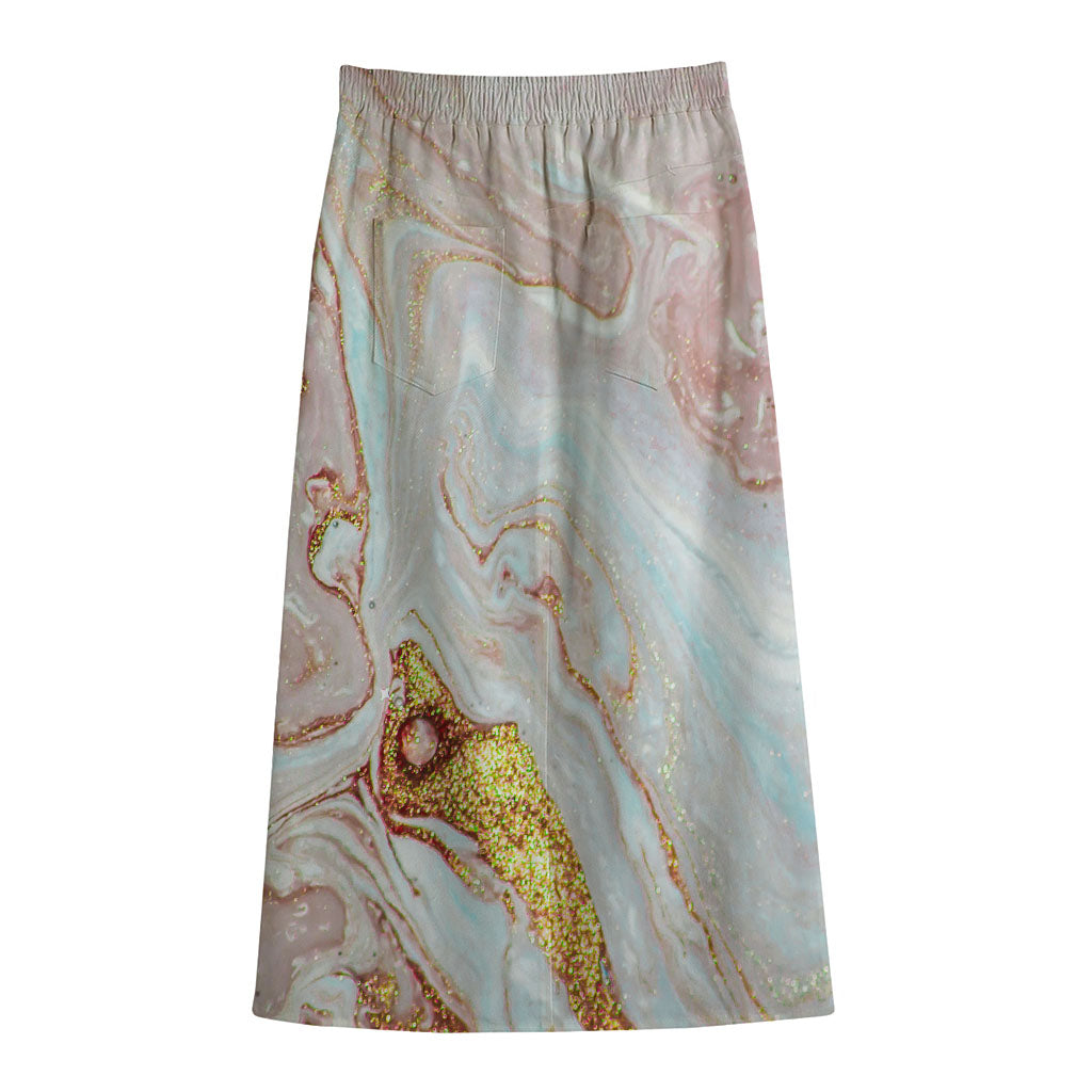 Pink Gold Liquid Marble Print Cotton Front Slit Maxi Skirt