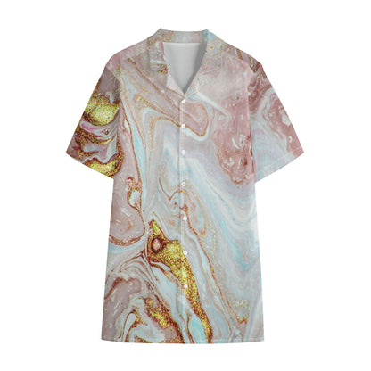 Pink Gold Liquid Marble Print Cotton Hawaiian Shirt