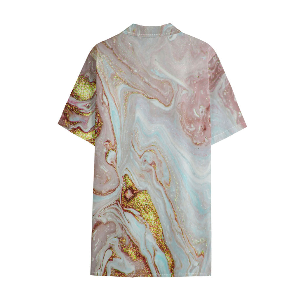 Pink Gold Liquid Marble Print Cotton Hawaiian Shirt