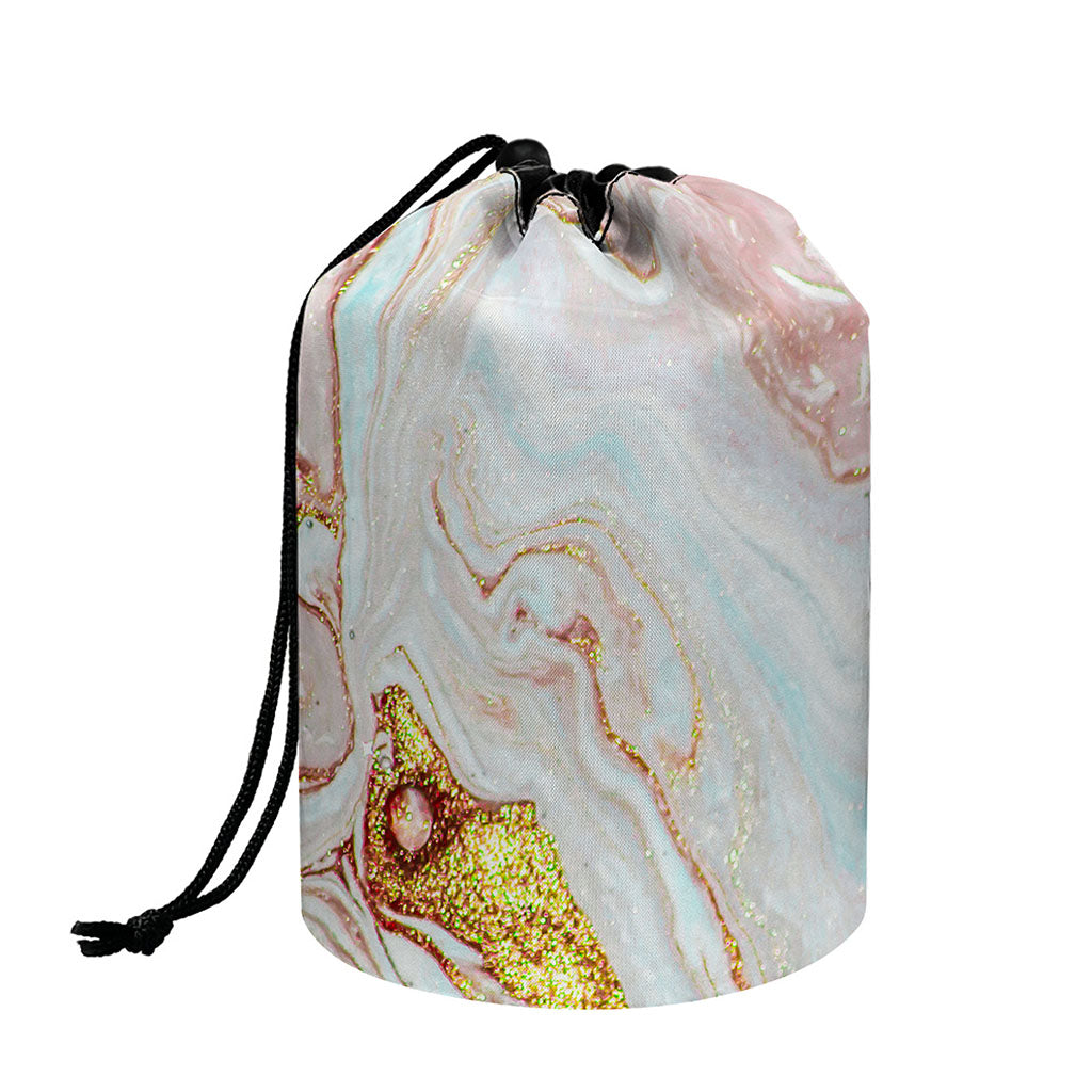 Pink Gold Liquid Marble Print Drawstring Makeup Bag