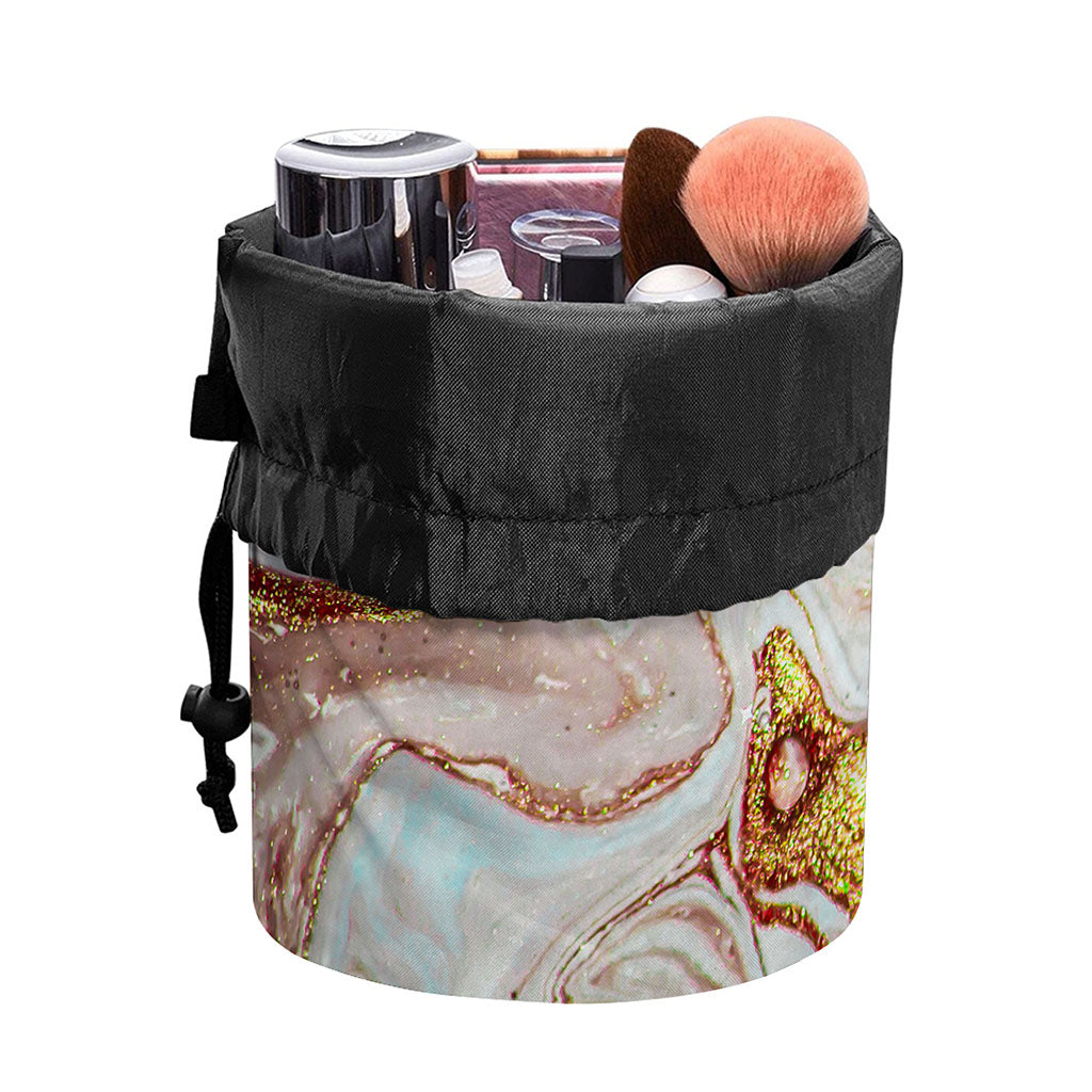 Pink Gold Liquid Marble Print Drawstring Makeup Bag