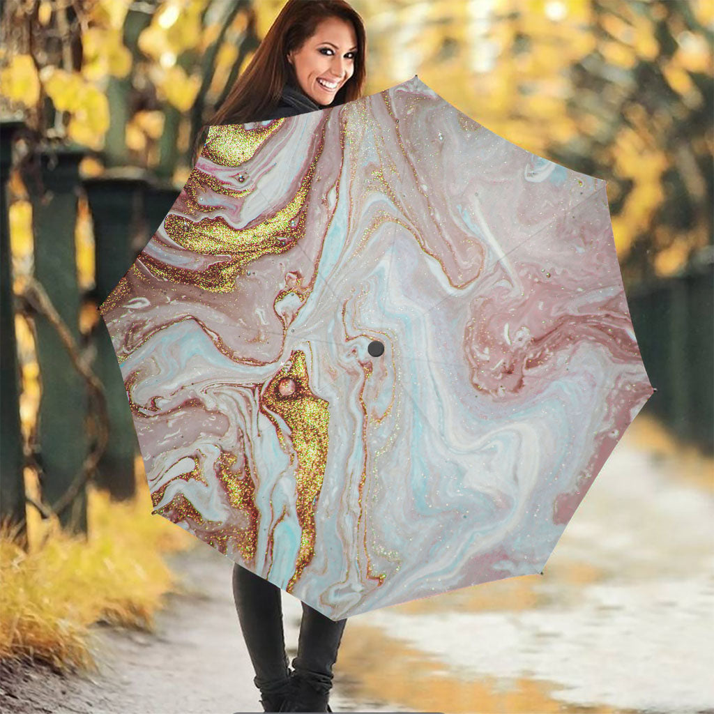 Pink Gold Liquid Marble Print Foldable Umbrella