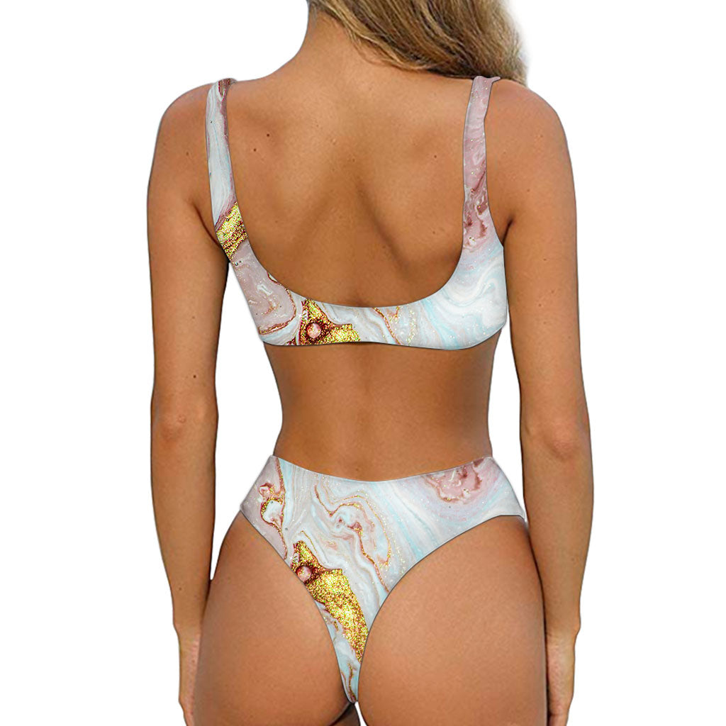 Pink Gold Liquid Marble Print Front Bow Tie Bikini