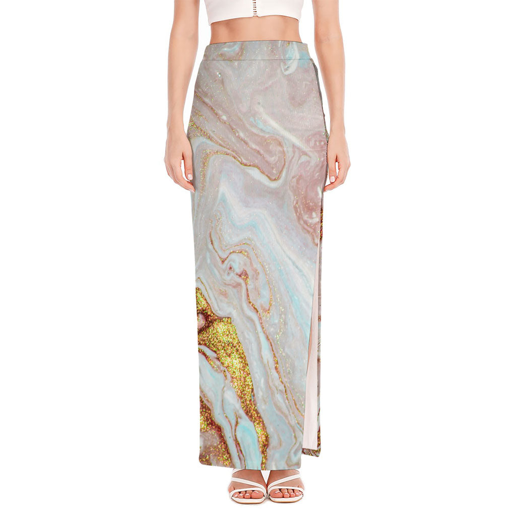 Pink Gold Liquid Marble Print High Slit Maxi Skirt
