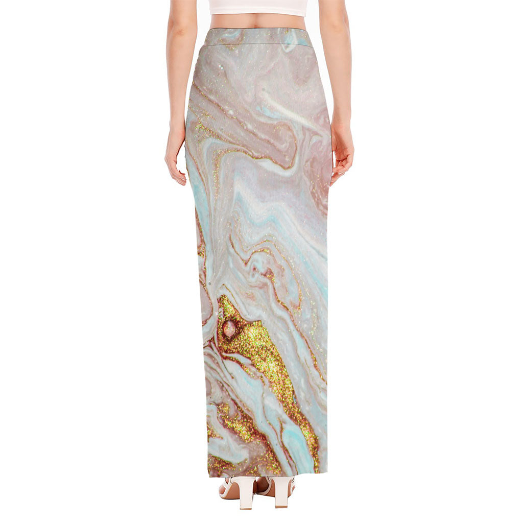 Pink Gold Liquid Marble Print High Slit Maxi Skirt