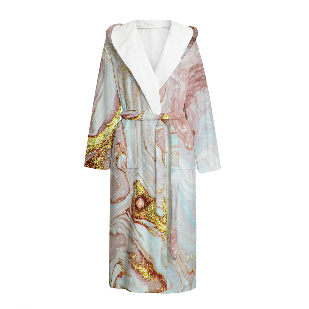 Pink Gold Liquid Marble Print Hooded Bathrobe