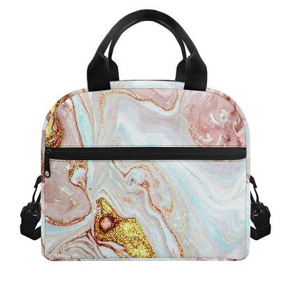 Pink Gold Liquid Marble Print Insulated Lunch Bag