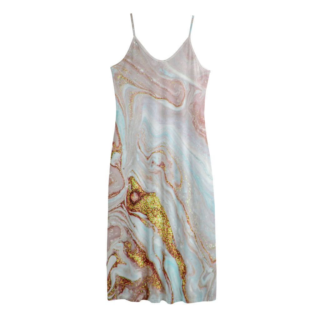 Pink Gold Liquid Marble Print Jersey Midi Cami Dress