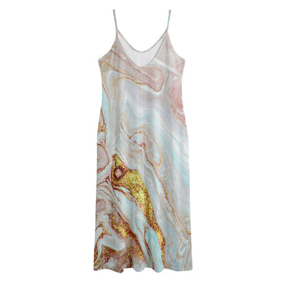 Pink Gold Liquid Marble Print Jersey Midi Cami Dress