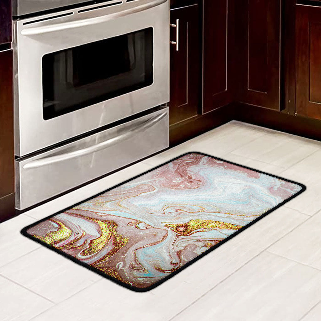 Pink Gold Liquid Marble Print Kitchen Mat