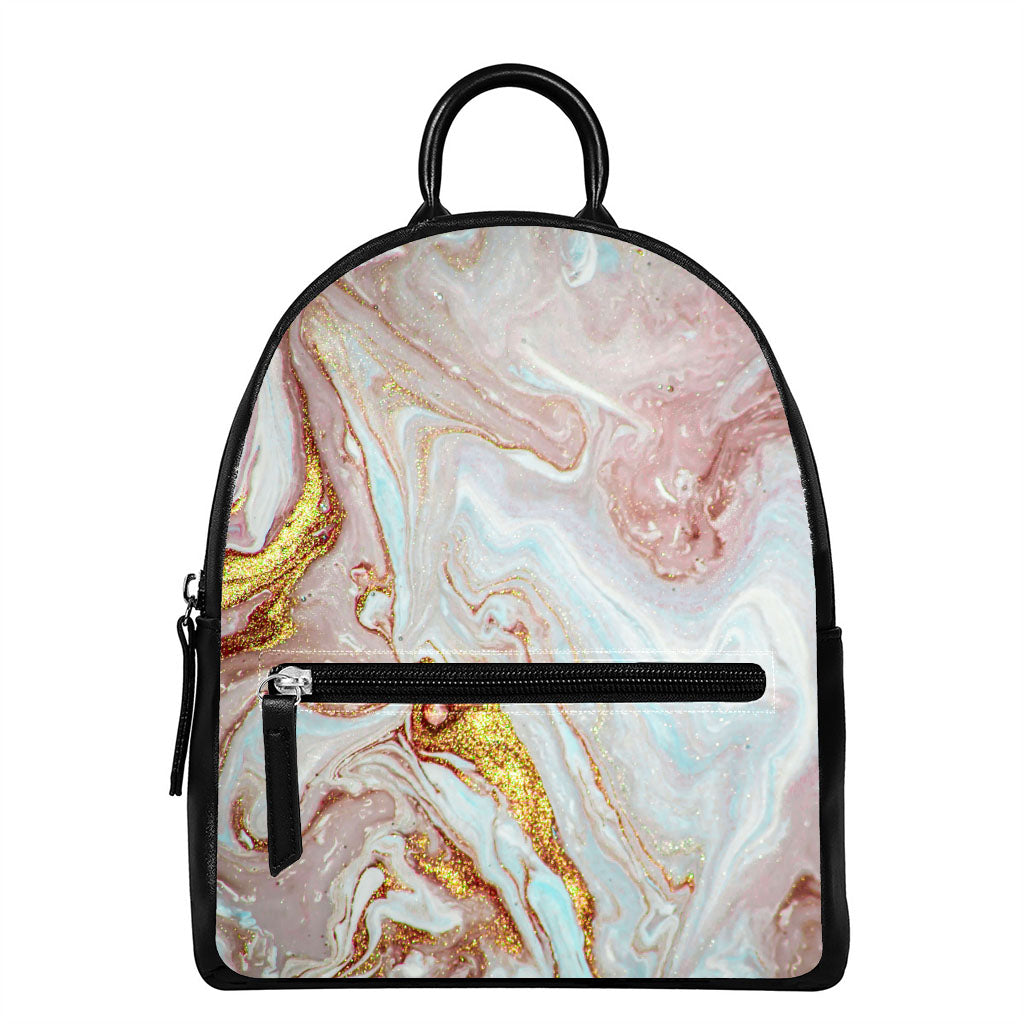 Pink Gold Liquid Marble Print Leather Backpack