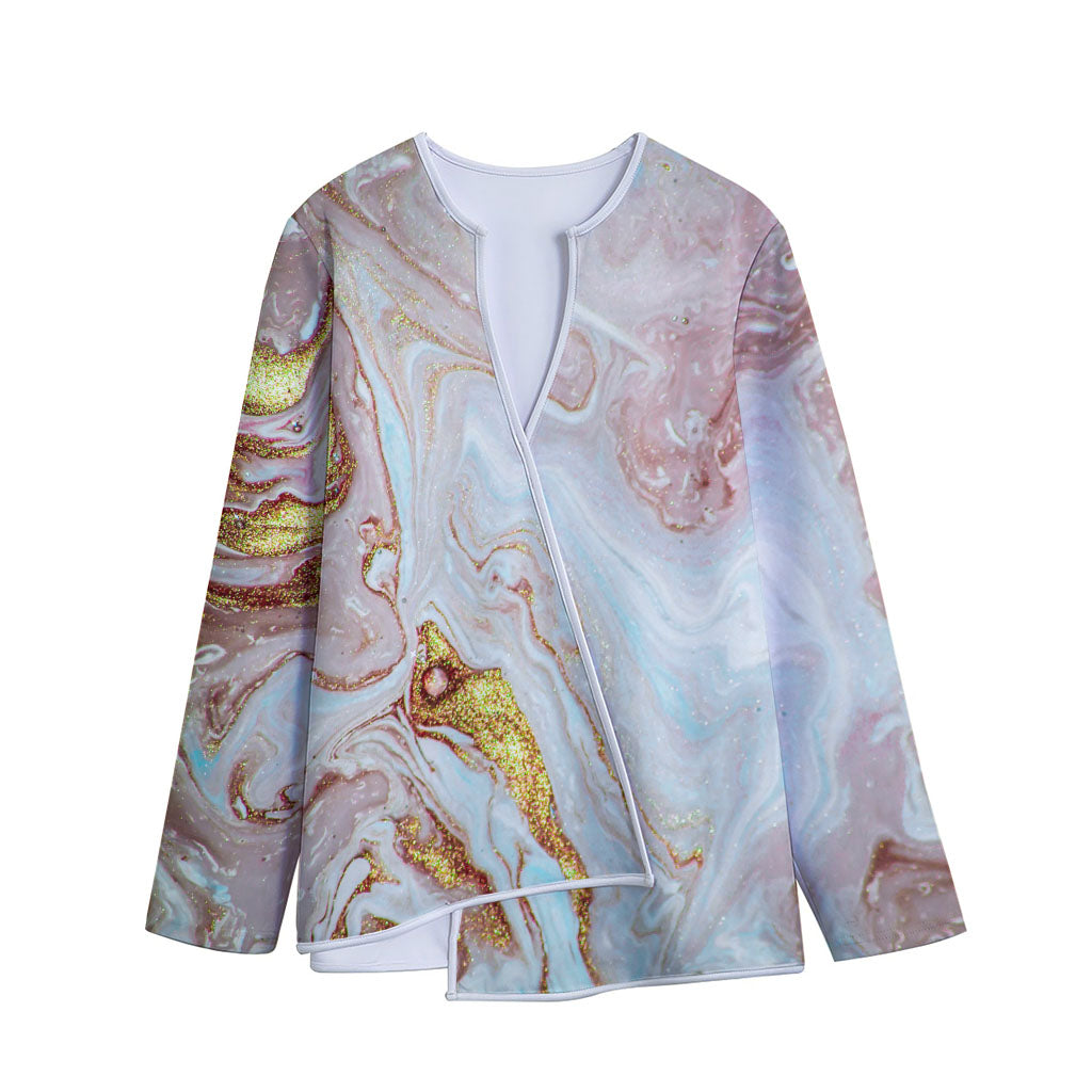Pink Gold Liquid Marble Print Long Sleeve Short Coat